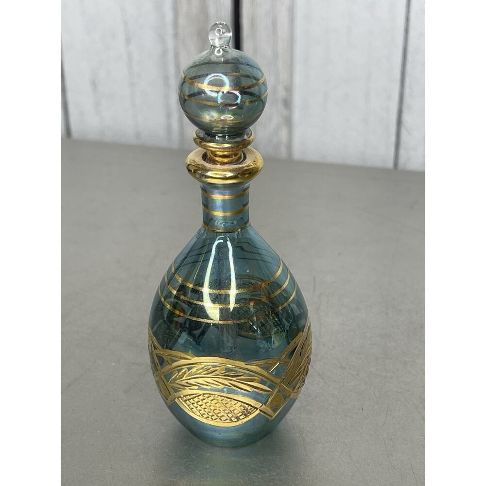 Vintage Light Blue & Gold Hand Blown Small Delicate Perfume Bottle